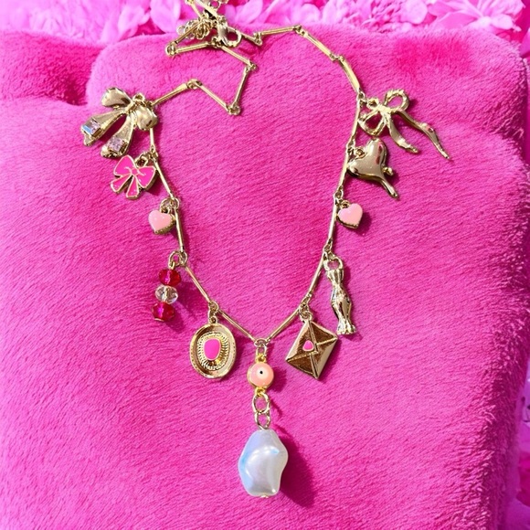 Pink bows and love charms charm necklace. Gold toned delicate chain 15.5”-17.5” - Picture 7 of 16